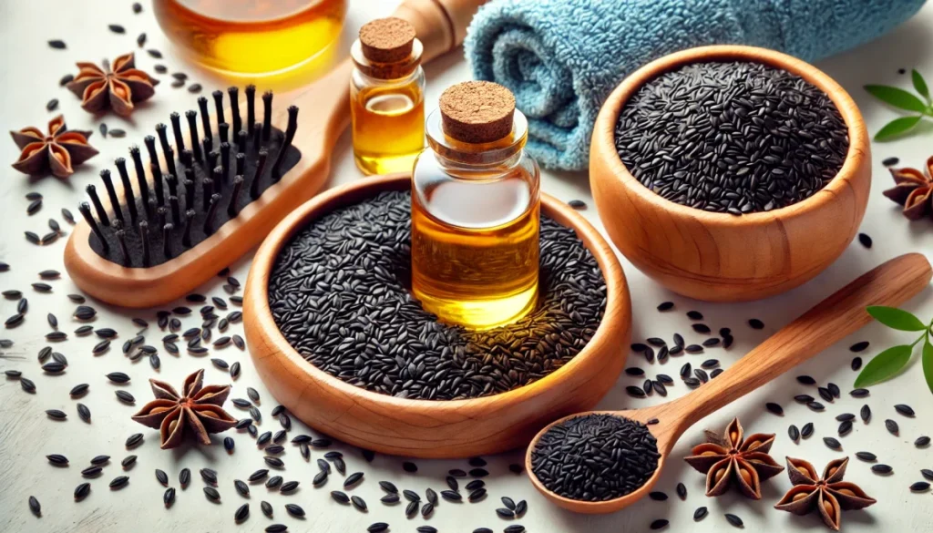 l'huile de nigelle avec des accessoires de soin capillaire dans un cadre naturel et lumineux