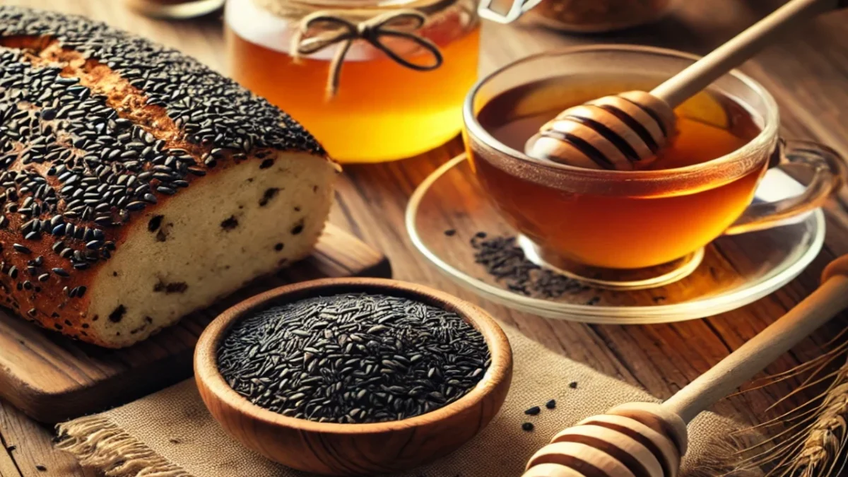 Graines de nigelle en bol sur une table en bois, accompagnées d’une infusion chaude, d’un pot de miel et d’un pain artisanal saupoudré de graines.